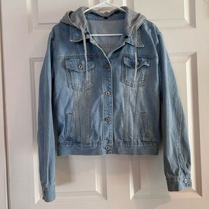 Classic Light Blue Denim Jacket with Gray  Removable Hood